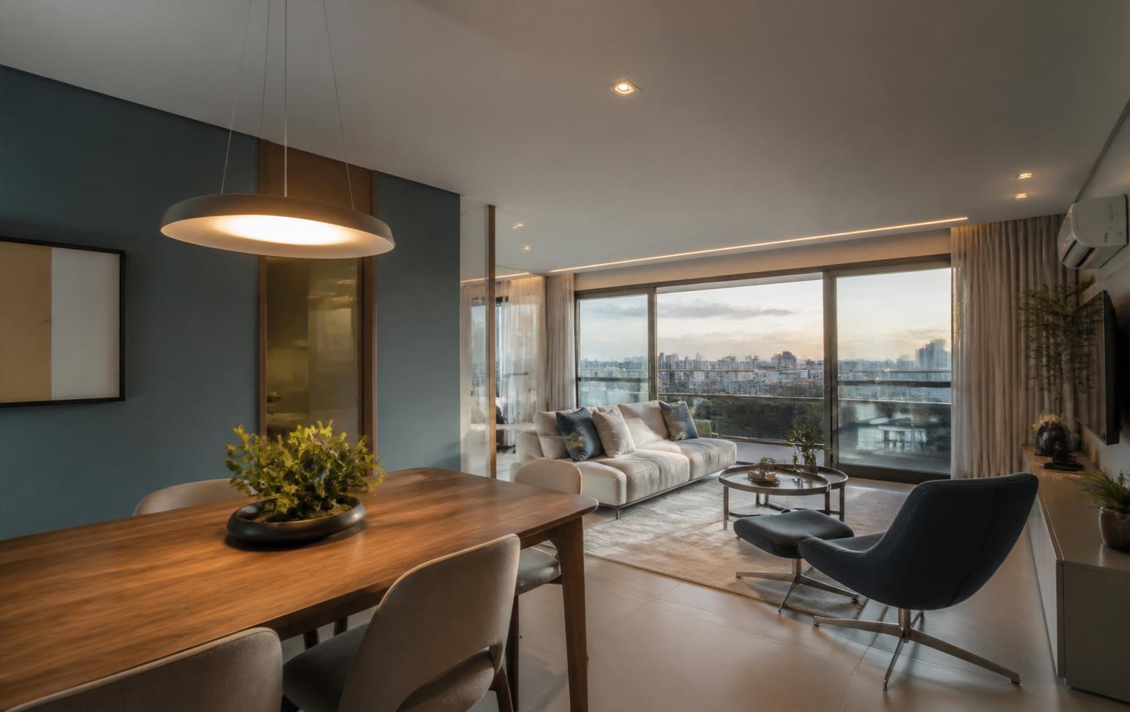 Interior de apartamento moderno com vista da cidade