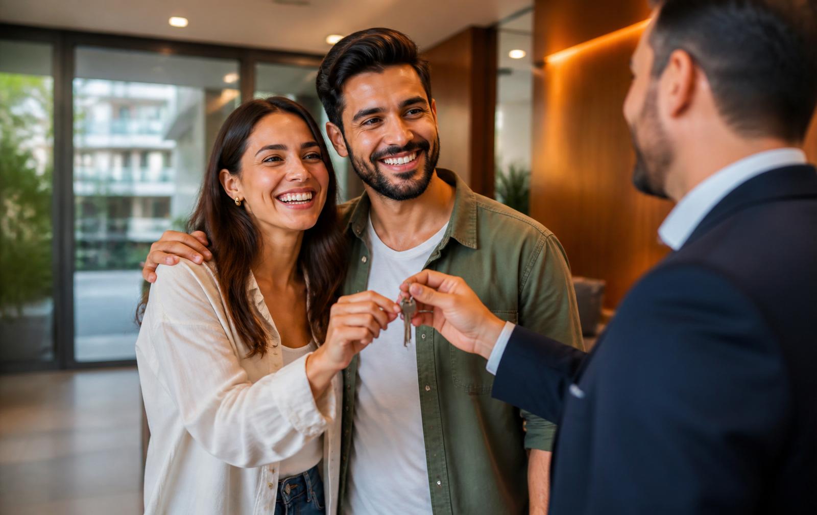 Casal feliz recebendo as chaves de um imóvel
