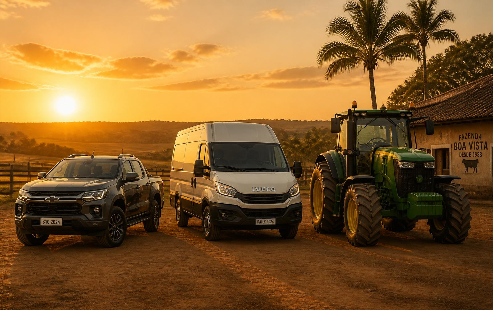 Frota de veículos: picape, van e trator em fazenda